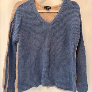 Blue and Beige Color block Knit V-Neck Sweater